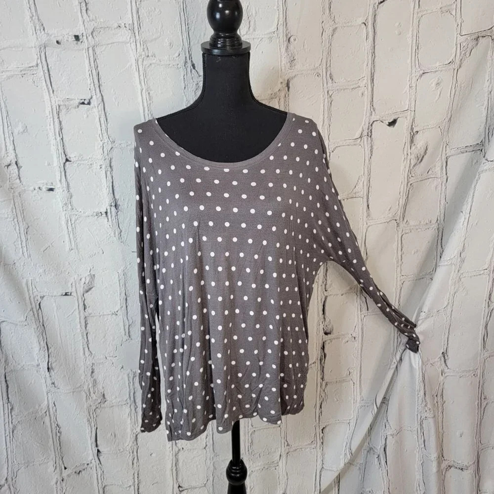 Zara Basic Long Sleeve T-Shirt Gray White Polka Dot Zipper Back Pullover Tee M